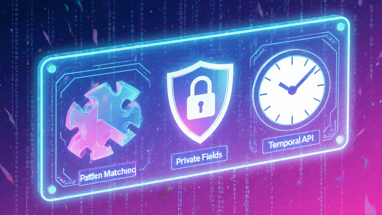 Abstrakte Cyber‑Illustration von ECMAScript‑2025‑Features: Muster‑Matching, private Felder und Temporal‑API.