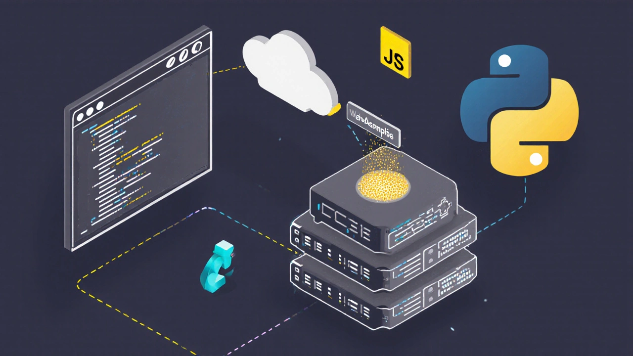 Architekturdiagramm: JavaScript verbindet Benutzer mit Python-Server über WebAssembly, minimalistischer Stil