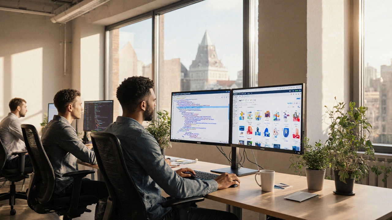 Deutscher Coworking‑Bereich mit Entwicklern, die PHP‑Code, Docker‑Icons und Jobanzeigen sehen.