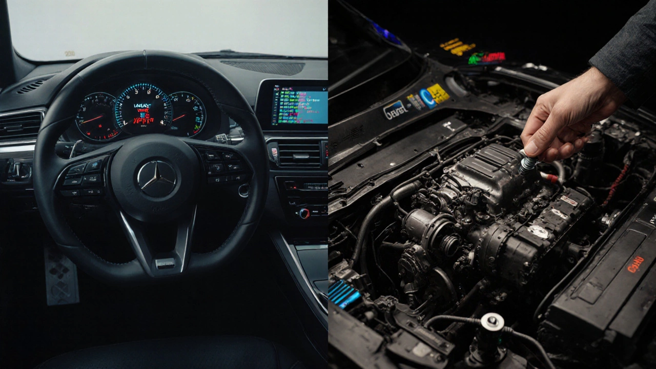 Ein Auto mit Autopilot neben einem freigelegten Rennwagen mit sichtbaren technischen Komponenten.