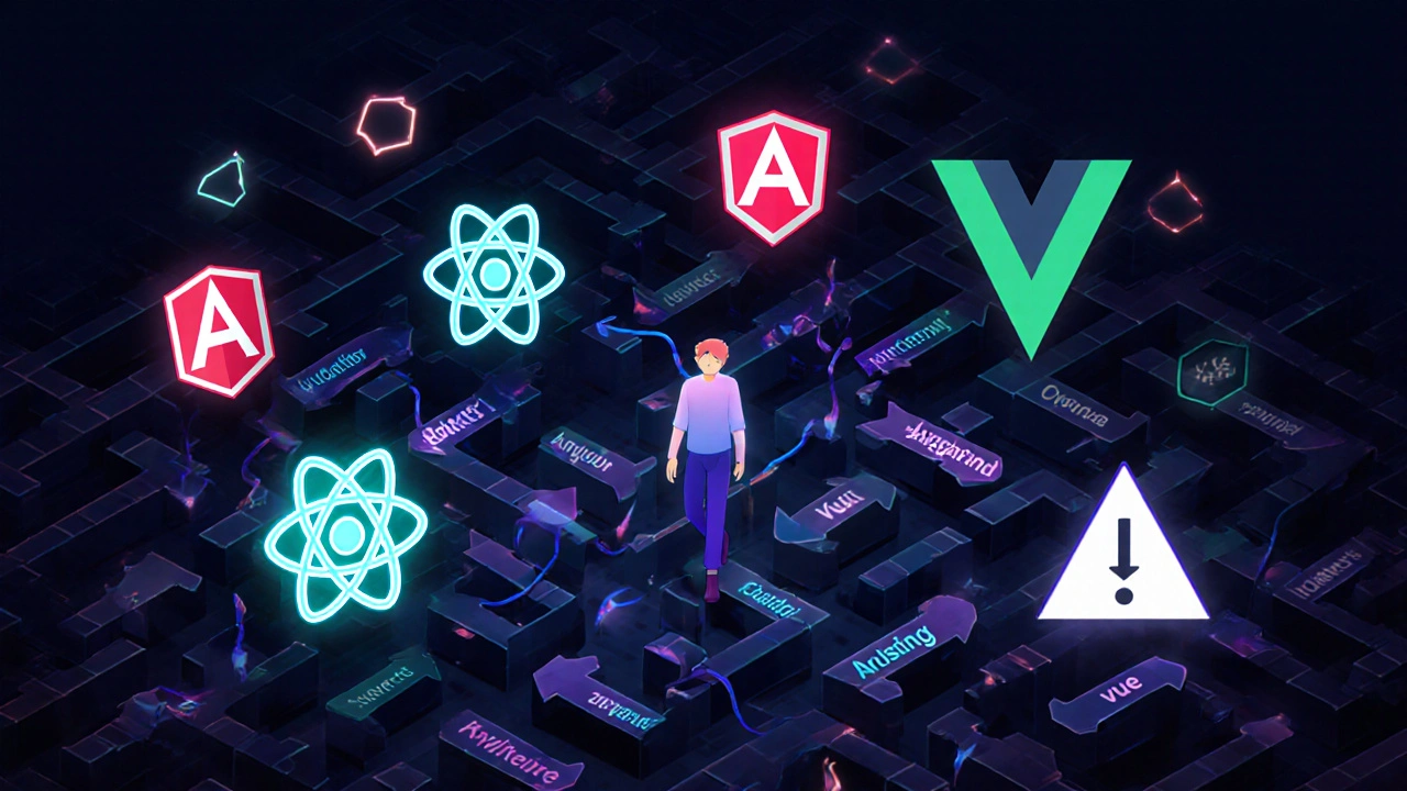 Ein labyrinthisches Netz aus JavaScript-Frameworks und asynchronen Pfeilen in neonfarbenen Lichtern.