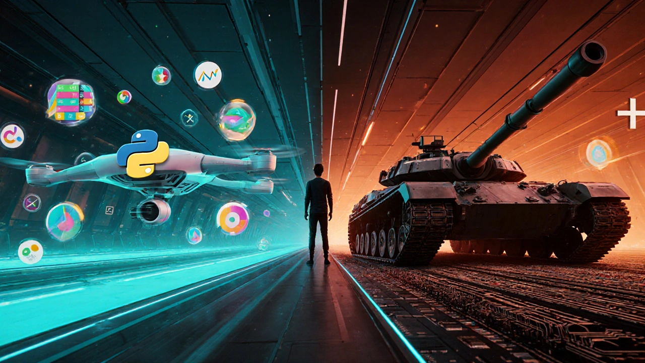 Entwickler an einem Scheideweg: leichter Python‑Drohne‑Weg neben schwerem C++‑Panzer‑Pfad.