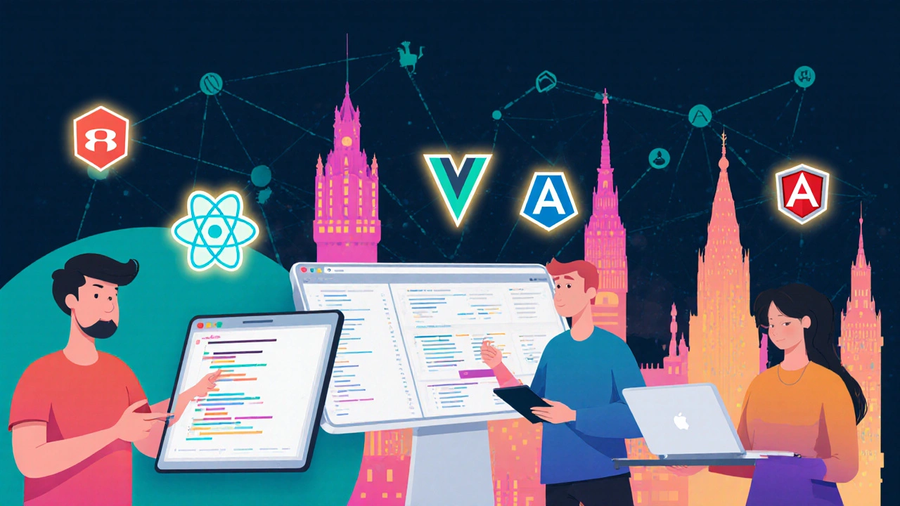 Entwickler arbeiten an React‑, Vue‑ und Angular‑Projekten, schwebende Framework‑Logos, Stadtsilhouetten von Berlin, München, Hamburg.