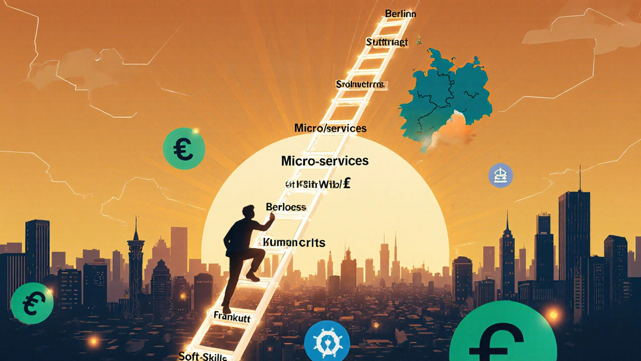 Entwickler klettert auf leuchtende Ladder‑Stufen mit Cloud‑ und Soft‑Skill‑Markierungen über einer deutschen Landkarte.