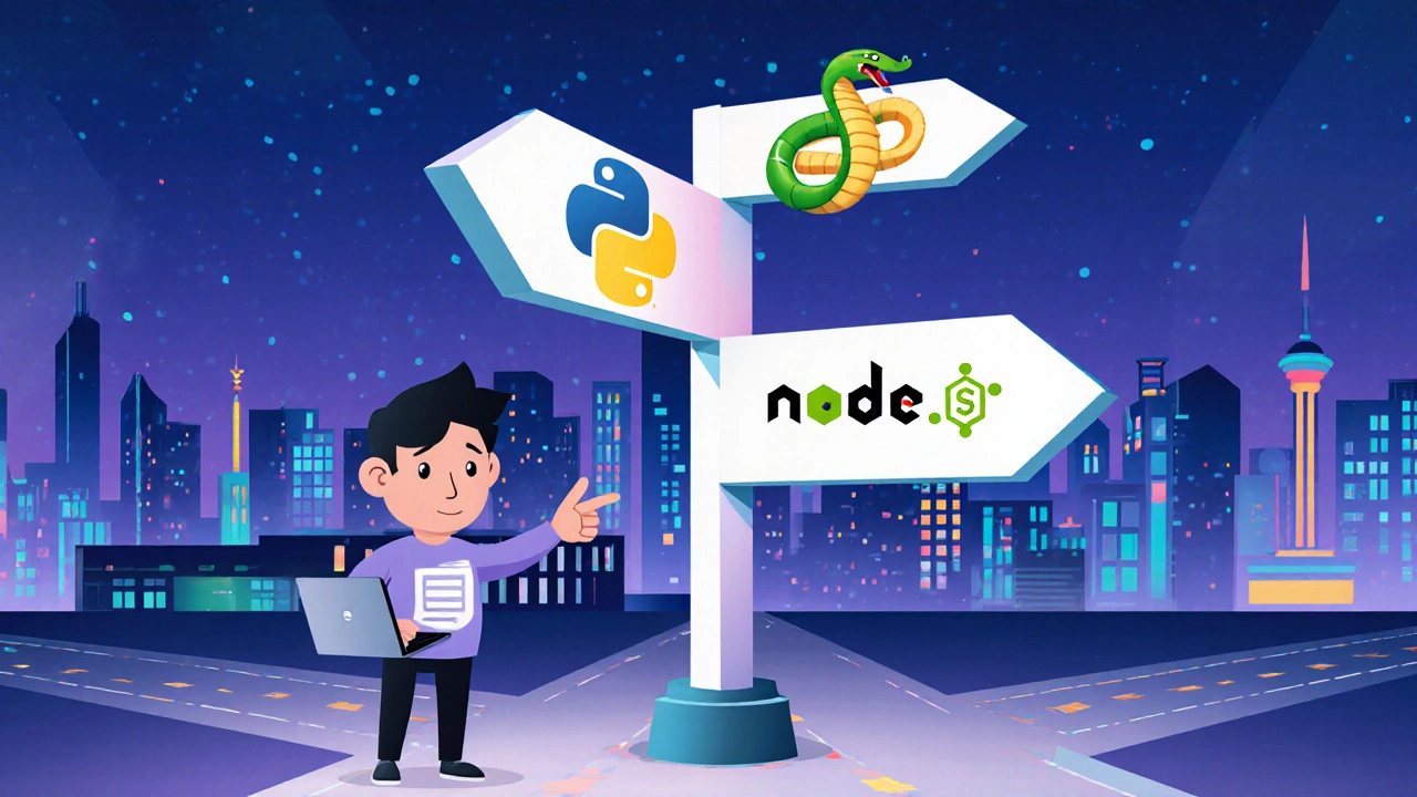 Entwickler steht an einer Gabelung und wählt den Weg zum PHP‑Elephant‑Symbol neben Python‑ und Node‑Symbolen.