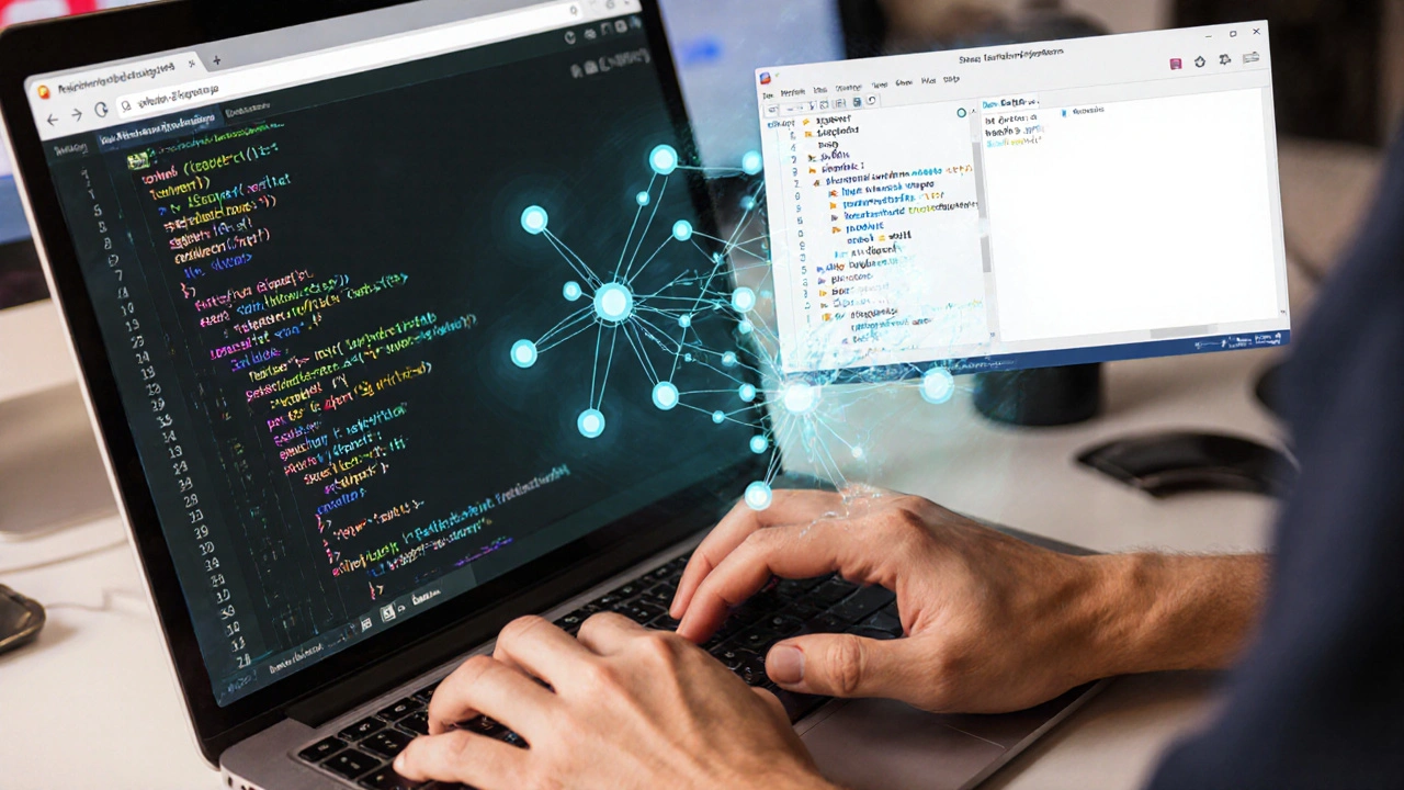 Entwickler tippt gleichzeitig JavaScript und Python, vollständige Webanwendung im Hintergrund