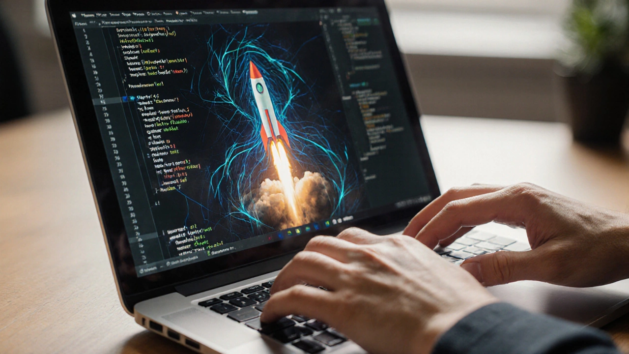 Entwicklerhände tippen auf Laptop; unscharfer Bildschirm zeigt Python-C-Code-Übergang mit Raketenstart.