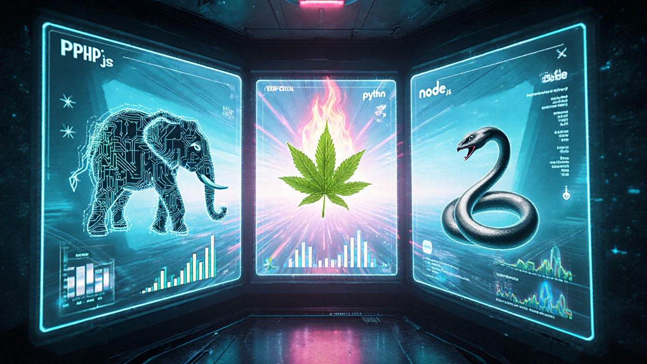 Futuristisches Vergleichs‑Display von PHP, Node.js und Python mit Ausblick auf PHP‑9.