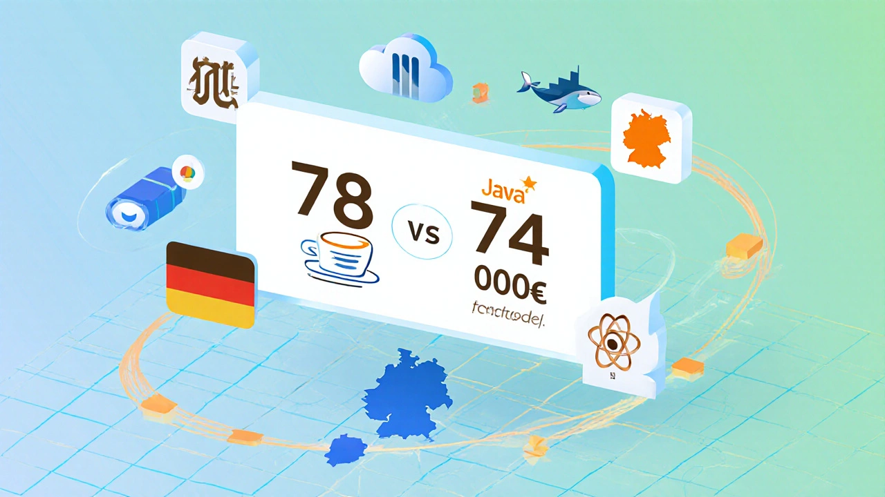 Illustration zeigt Gehaltszahlen für Java und JavaScript, umgeben von Spring‑Boot‑, Node.js‑, AWS‑ und Stadt‑Icons Deutschlands.