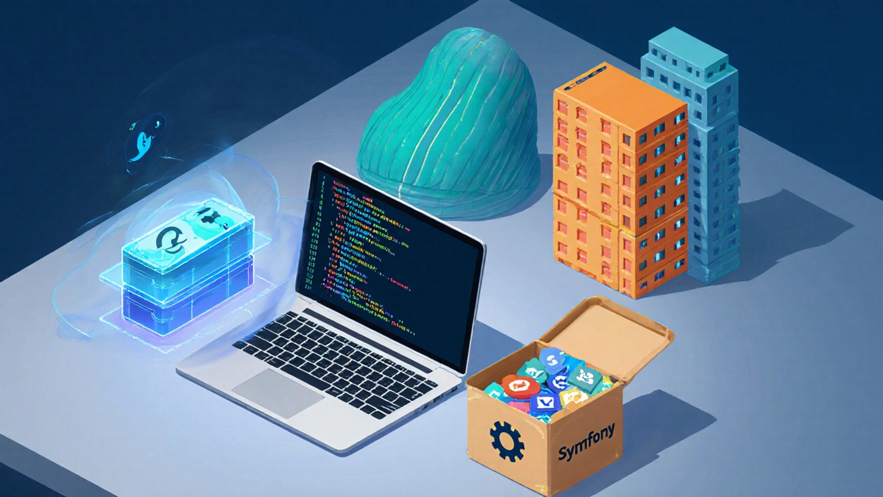 Isometrische Darstellung eines Arbeitsbereichs mit Code, Docker‑Containern, Composer‑Werkzeug und Framework‑Modellen.