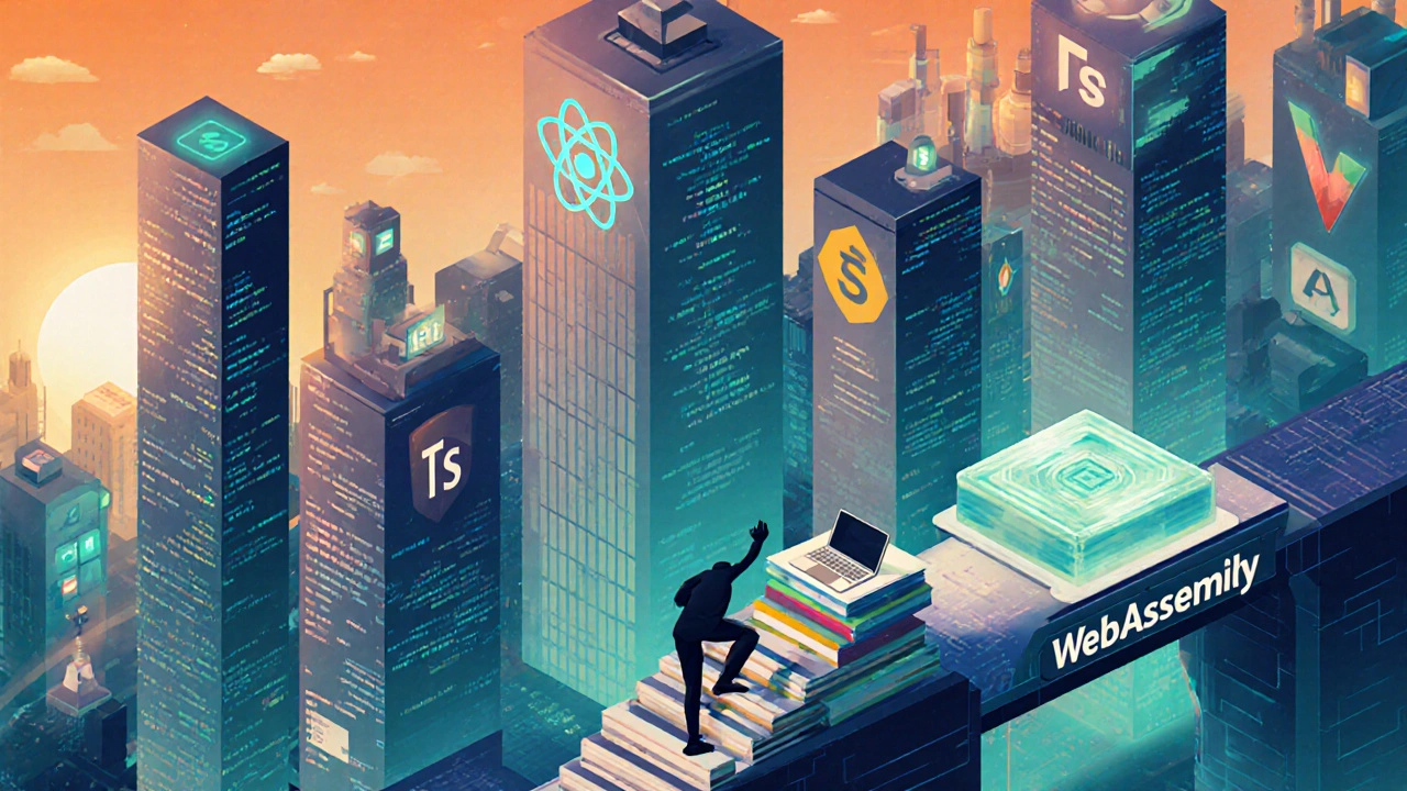 Isometrische Stadt mit React‑, Vue‑, Angular‑Gebäuden, TypeScript‑Turm und WebAssembly‑Brücke, Entwickler steigt die Karriereleiter hinauf.