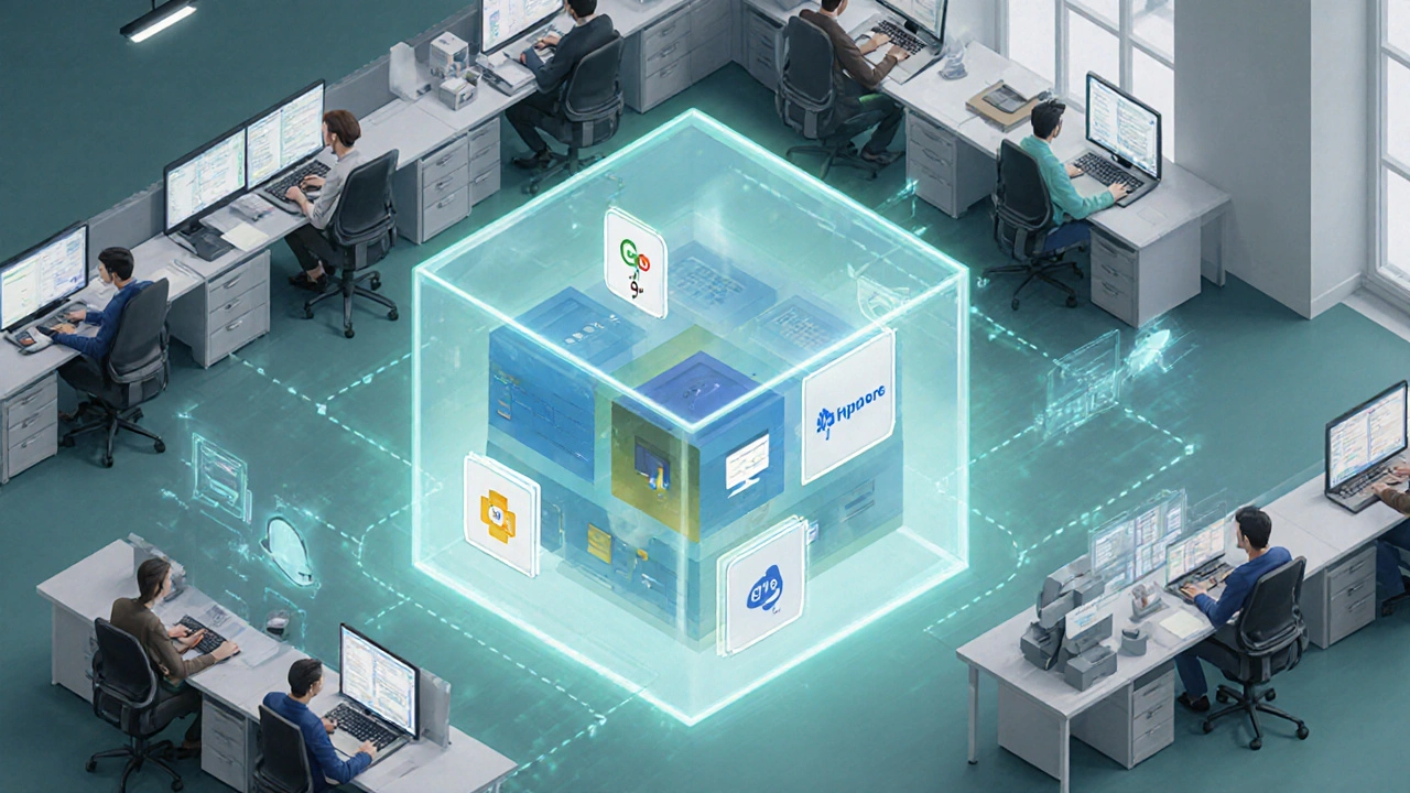 Isometrische Szene eines Teams, das eine PHP‑Monolith‑Migration zu Microservices plant.