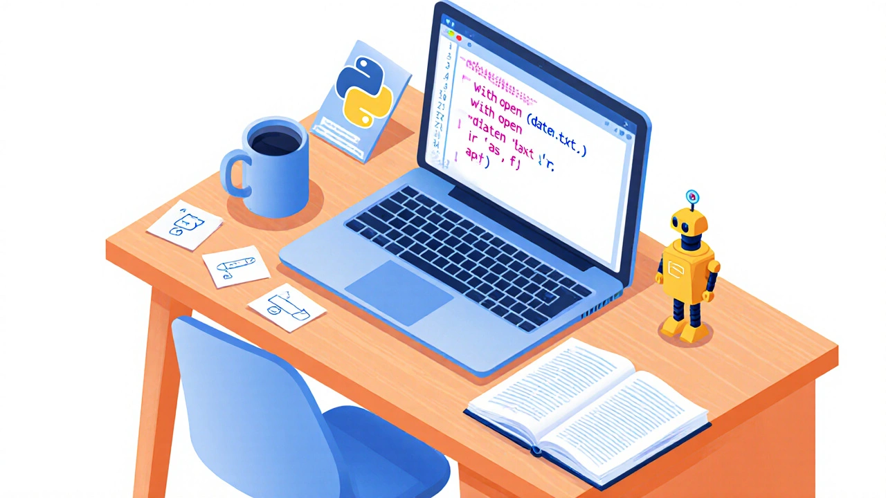Isometrischer Schreibtisch mit Laptop, darauf ein Python‑Snippet und Lernutensilien.