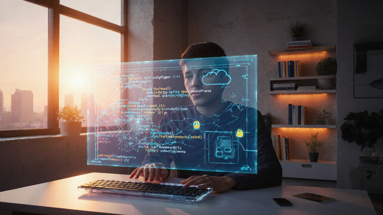Lernender arbeitet an holografischem Code‑Display, umgeben von KI‑ und Cloud‑Visualisierungen.