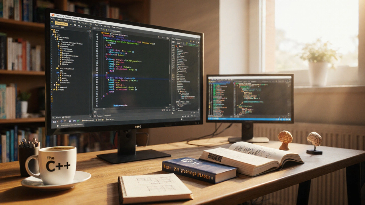 Lichtdurchfluteter Schreibtisch, Bücher zu C++ und Rust, Debugger‑Anzeige und Visualisierung von Maschinencode.