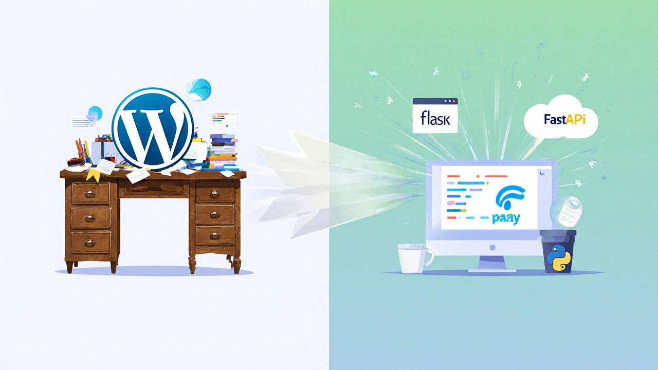 Migration einer WordPress‑Blog‑Seite zu einem Flask‑/FastAPI‑Python‑Stack, visualisiert durch Pfeil.