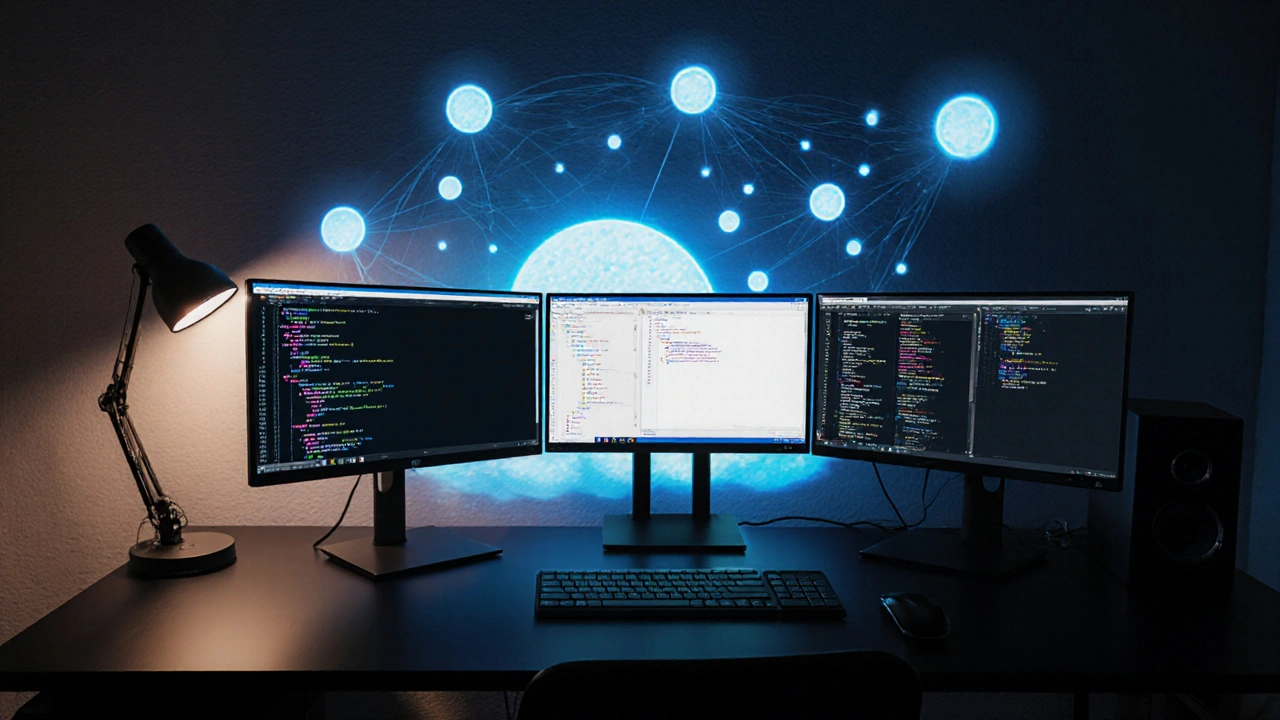 Moderne Entwicklerarbeitsfläche mit Monitoren, die Rust‑Code, TypeScript‑UI und Bun‑Server zeigen.