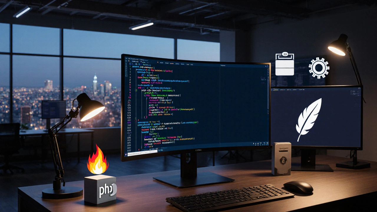 Moderne Entwicklungsumgebung mit PHP‑Code, JIT‑Symbolen und Paket‑Manager‑Icons.