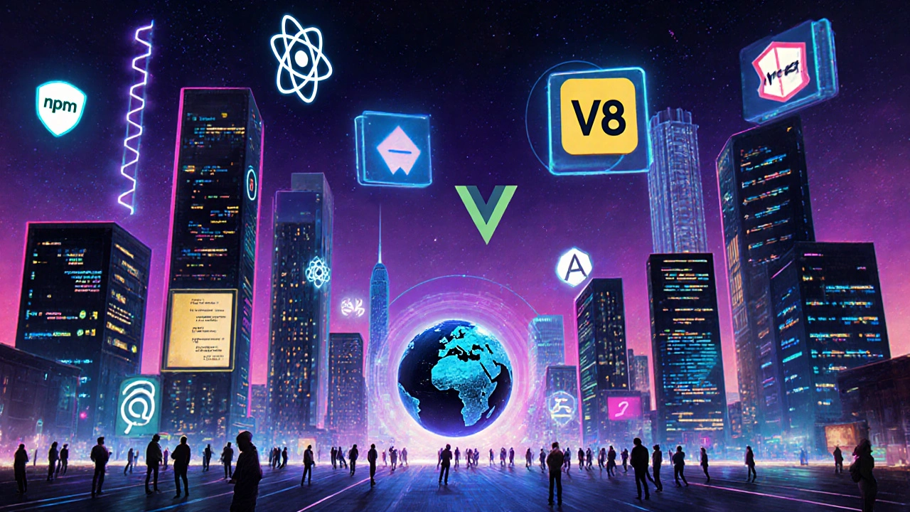 Neon‑Metropole aus JavaScript‑Symbolen, die Community und Zukunft symbolisiert.