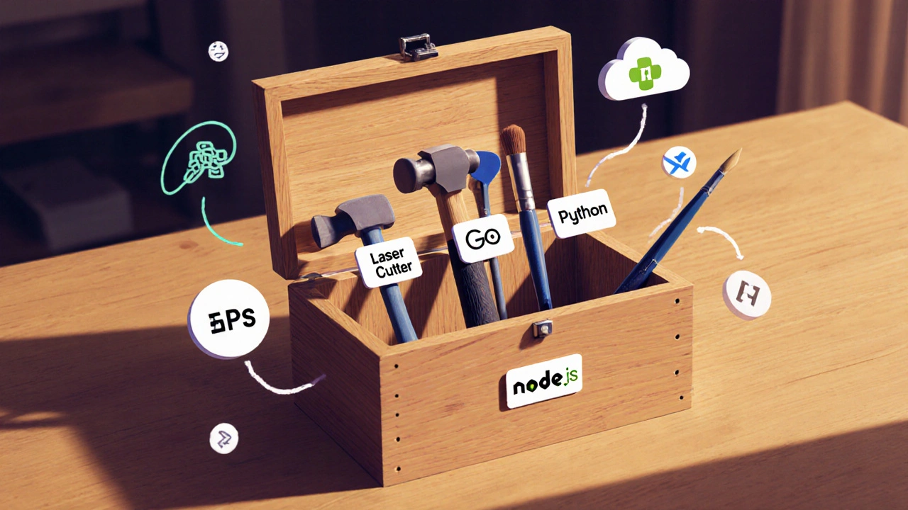 Offener Werkzeugkasten mit Werkzeugen, die PHP, Node.js, Python und Go als Symbole darstellen.