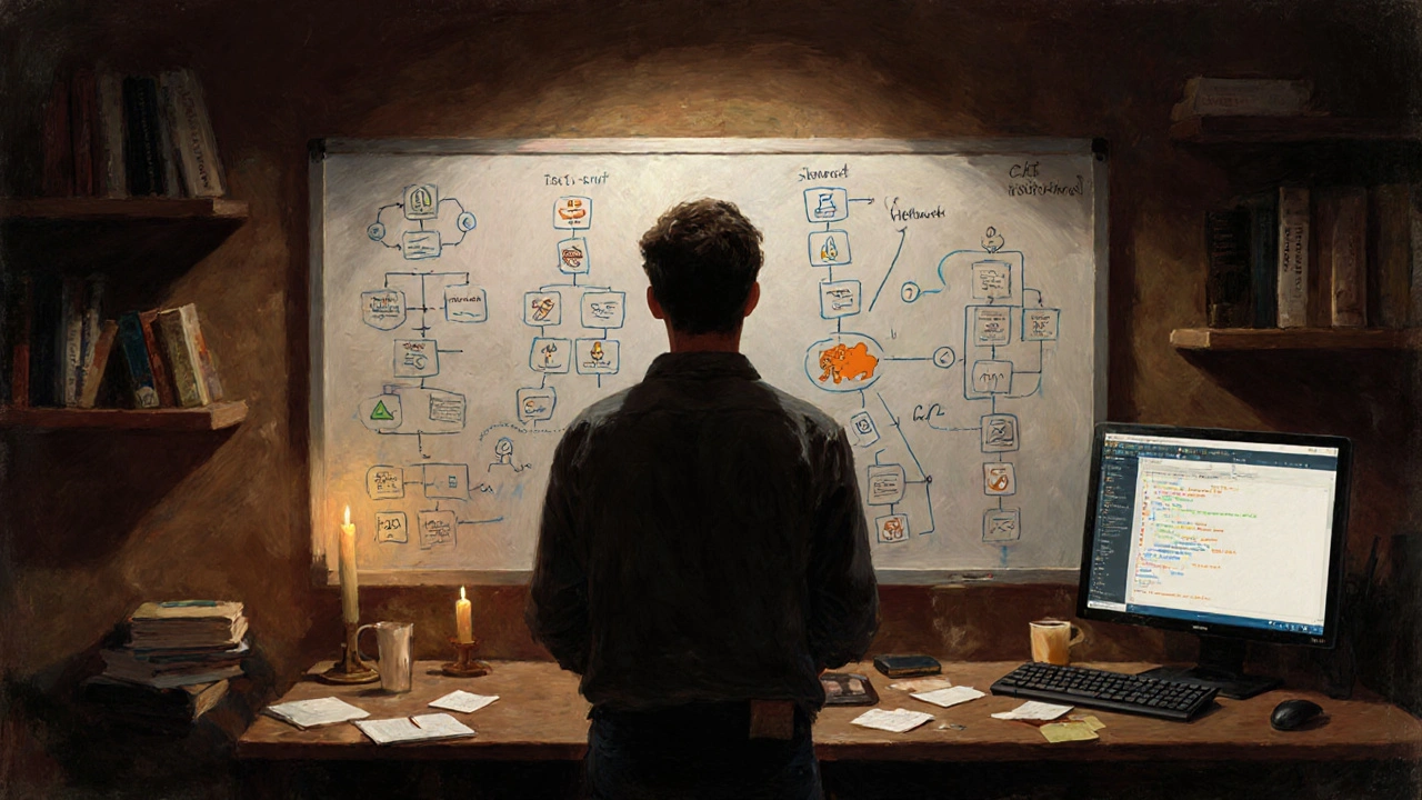 Ölbild eines Teams, Whiteboard mit Diagrammen, Monitor zeigt CI/CD‑Pipeline.