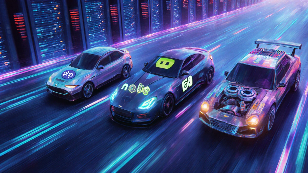 Rennstrecke, auf der Fahrzeuge PHP, Node.js, Go und Rust symbolisieren Performance.