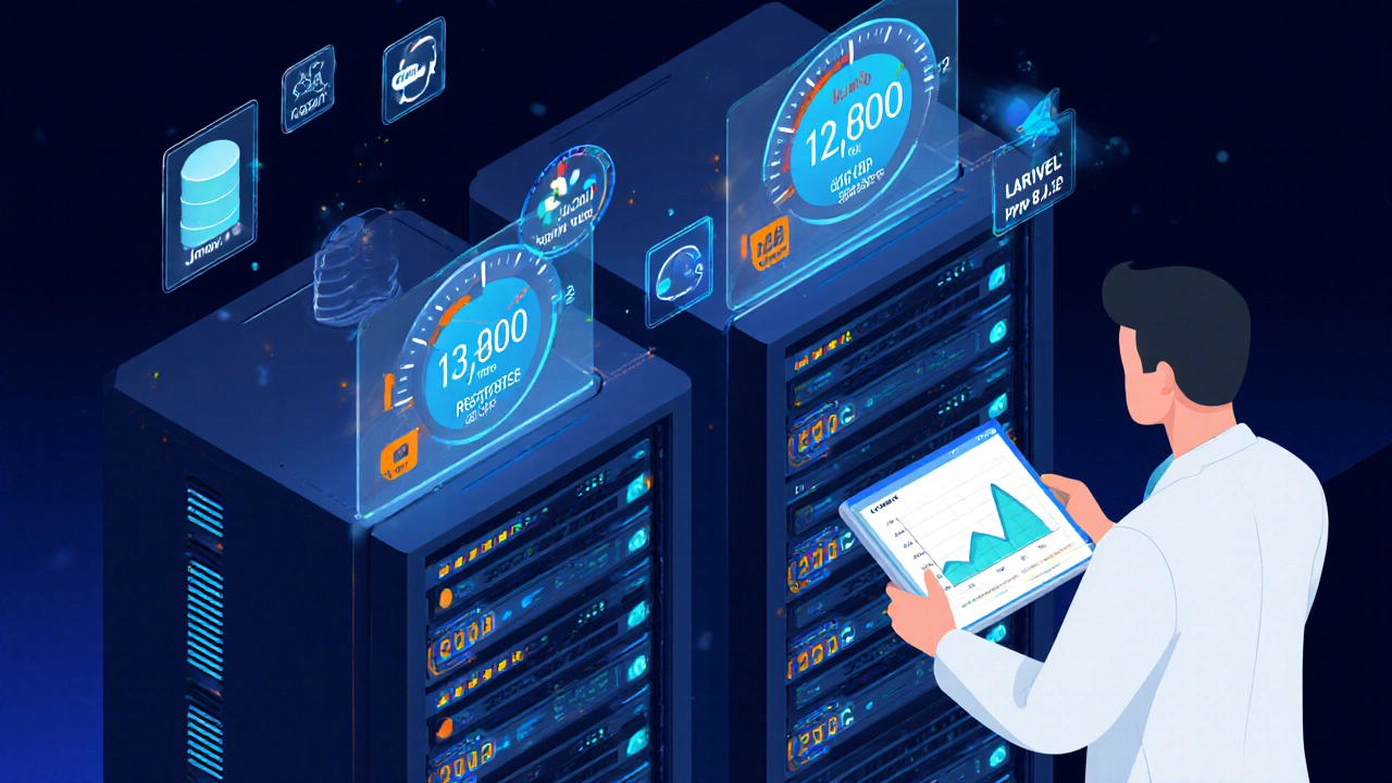Serverrack mit Messgeräten, die Django‑ und Laravel‑Benchmarkwerte vergleichen.