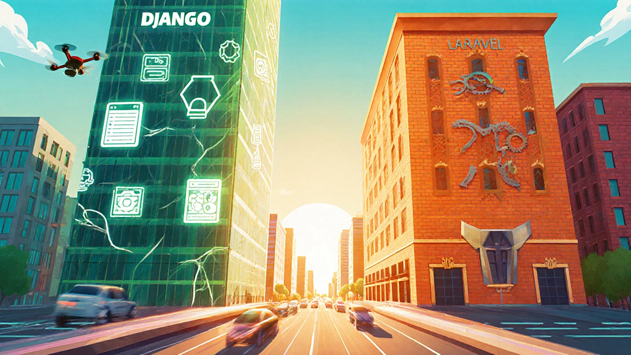 Stadtlandschaft, in der Django‑ und Laravel‑Gebäude als Hochhäuser dargestellt sind.