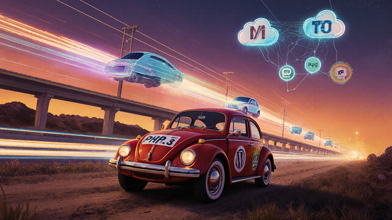 Vintage Auto mit PHP-Logo neben einer futuristischen Autobahn mit modernen Technologien.