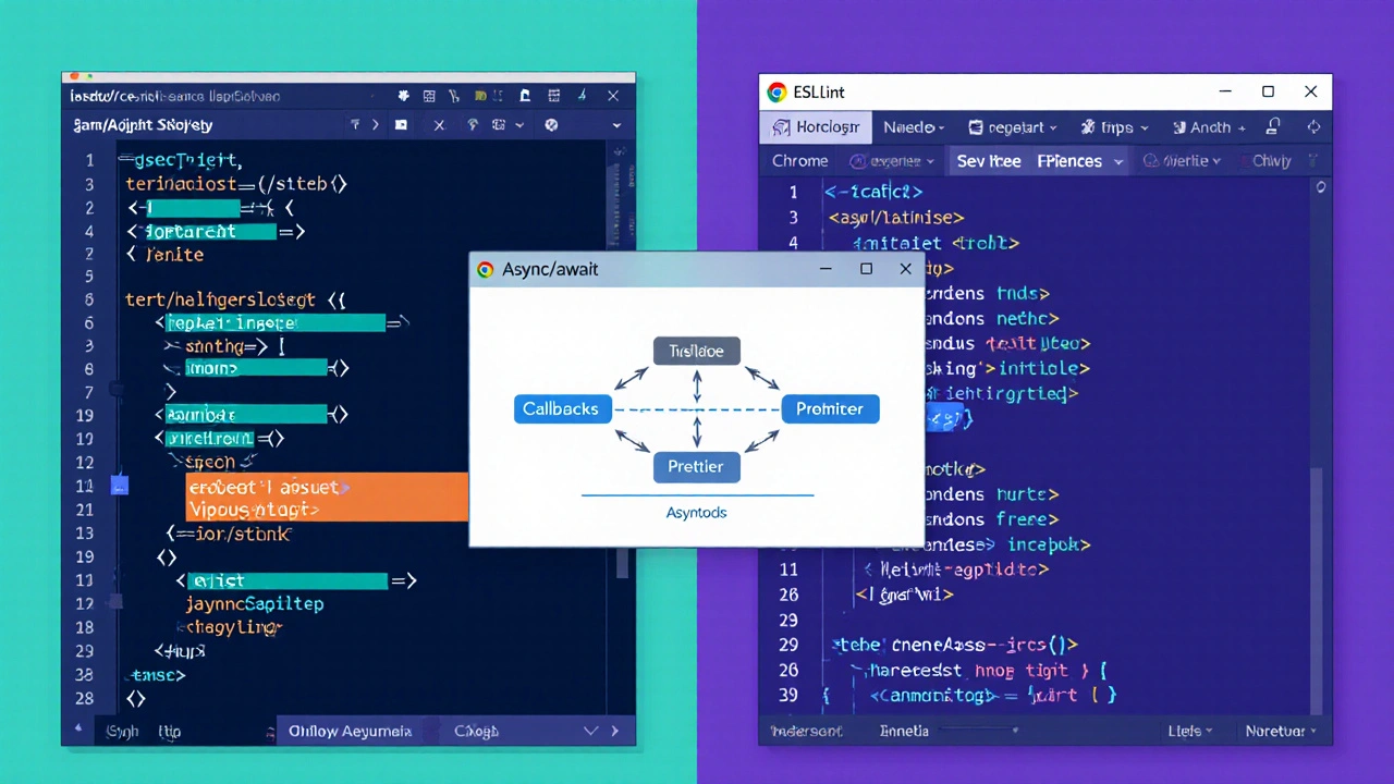 VS Code‑Fenster mit Code, Chrome‑DevTools und visualisierter DOM‑Struktur.