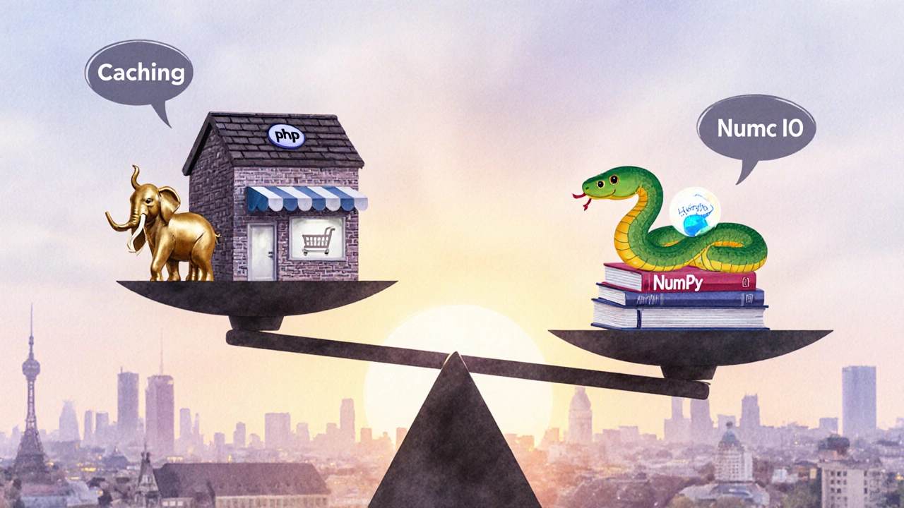 Waage mit PHP‑E‑Commerce‑Symbol und Python‑Daten‑Science‑Symbol im Morgenlicht.