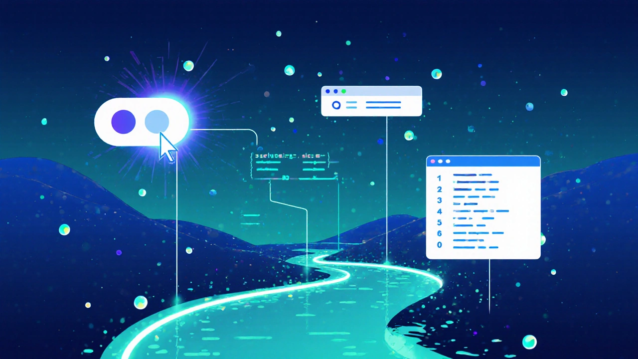 Abstrakte Darstellung von JavaScript-Code, der interaktive Elemente wie Knöpfe und Textfelder in einer digitalen Landschaft aktiviert.