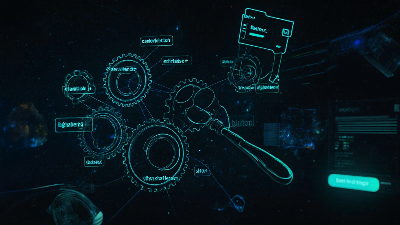 Abstrakte Darstellung von JavaScript-Funktionen als leuchtende Zahnräder und Werkzeuge in dunklem Raum.