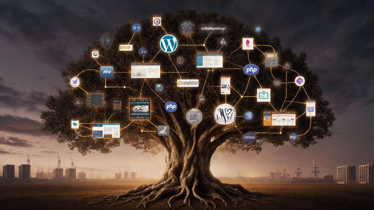 Baum mit Server-Wurzeln und Webseiten-Ästen, verbunden durch PHP-Code-Linien.