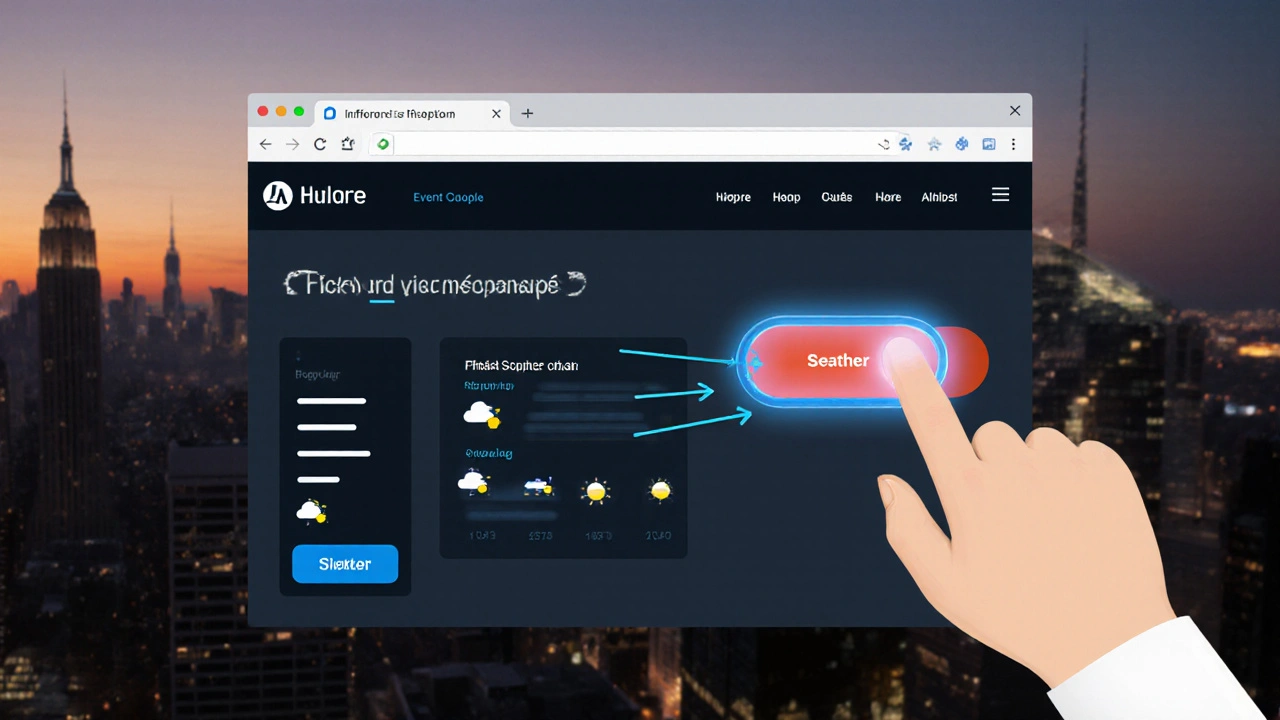 Benutzer klickt auf einen Button, der Wetterdaten auf einer Webseite aktualisiert – visuelle Verbindung durch Lichtstrahlen.