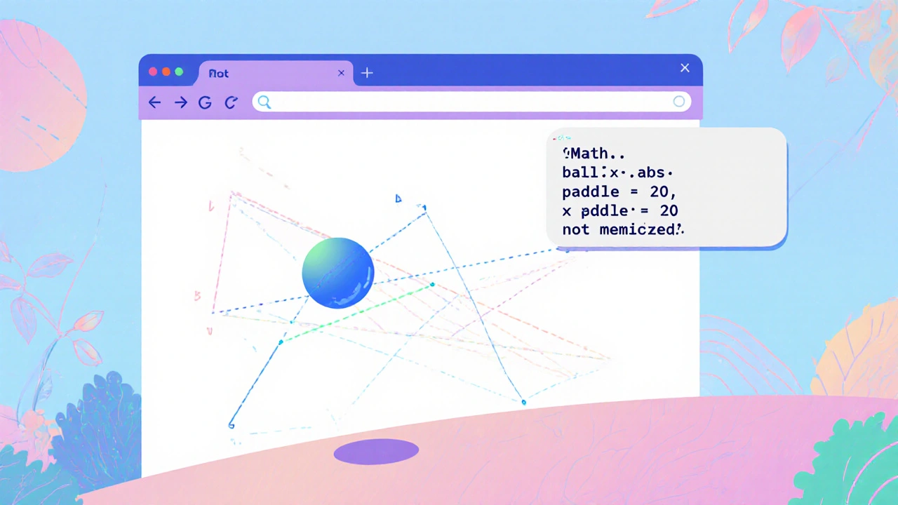 Buntes animiertes Ball-Szenario mit Code-Snippet für Kollisionserkennung in einem Browserfenster.