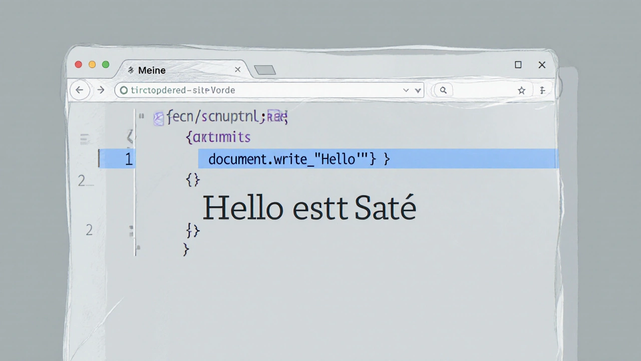 Der Text &#039;Hello World&#039; erscheint direkt auf einer einfachen Webseite, geschrieben mit JavaScript.