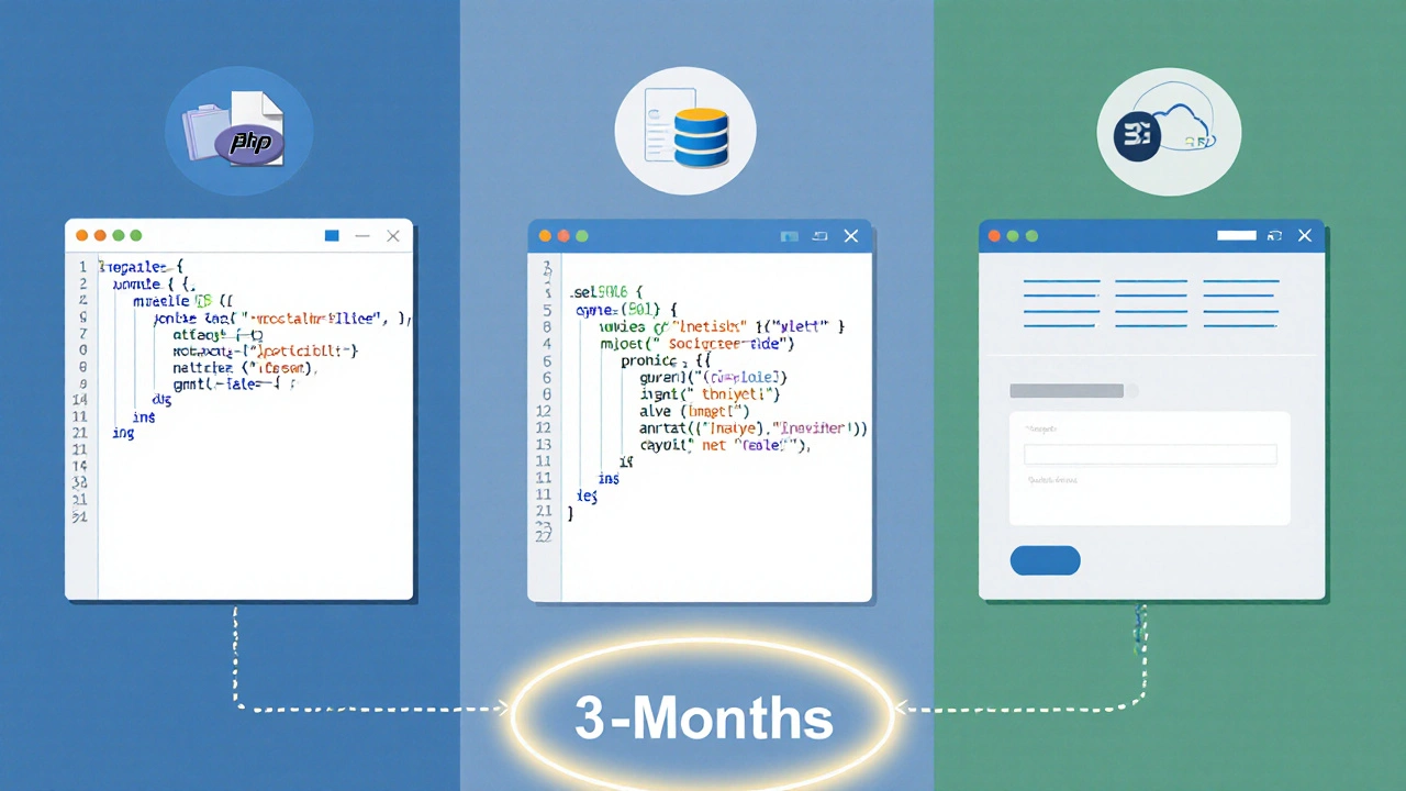 Dreistufige visuelle Reise von PHP-Grundlagen über Datenbanken bis zur Webseite.