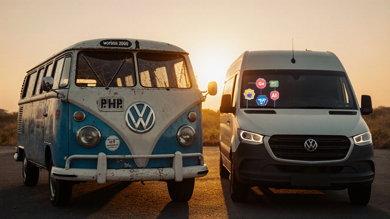 Ein alter VW-Bus neben einem modernen Lieferfahrzeug, Symbol für PHP vs. moderne Sprachen.