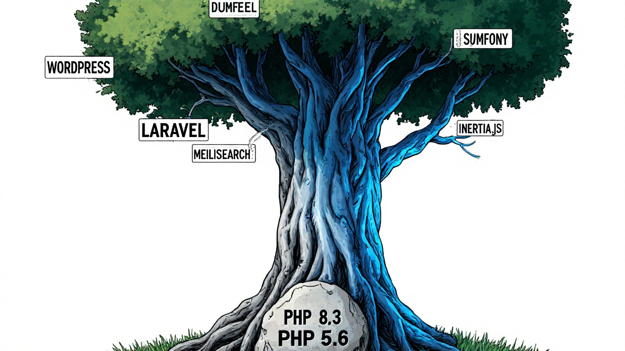 Ein Baum mit Wurzeln aus bekannten PHP-Systemen wächst aus einem Stein mit PHP 5.6.