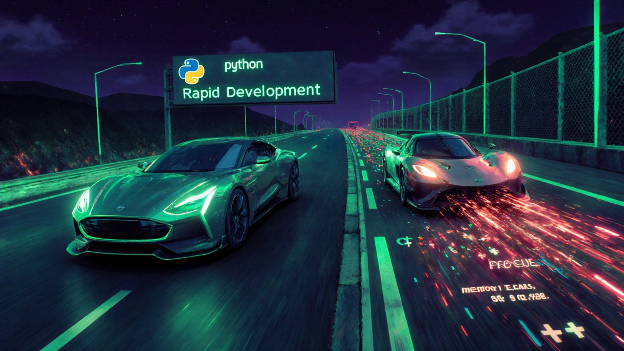 Ein Elektroauto namens Python fährt auf einer Straße, neben ihm ein Formel-1-Rennwagen namens C++ mit gefährlichen Hindernissen.