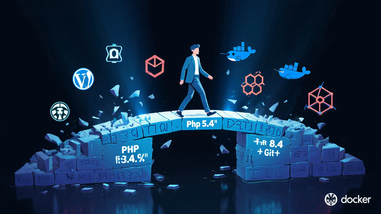 Ein junger Entwickler schreitet über eine Brücke aus altem PHP-Code zu moderner PHP-Technologie mit Laravel und Git.