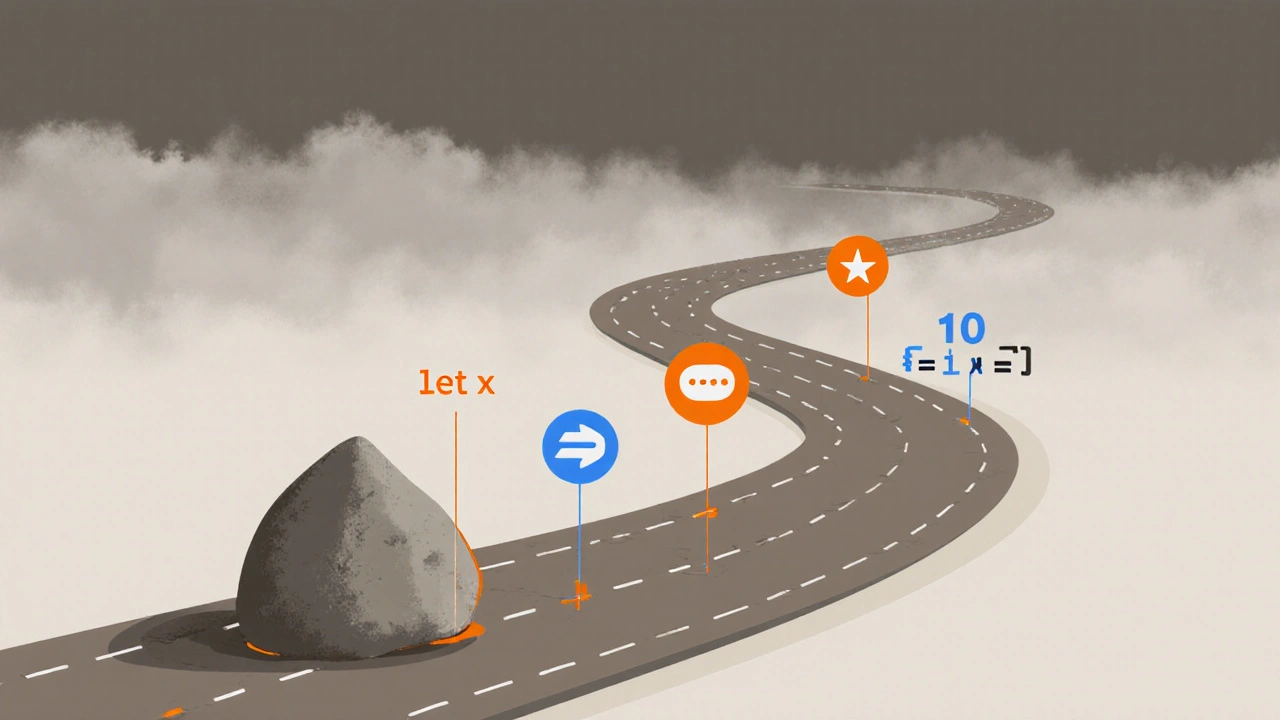 Ein Stein markiert den Anfang eines Pfades, der das Lernen von JavaScript symbolisiert.