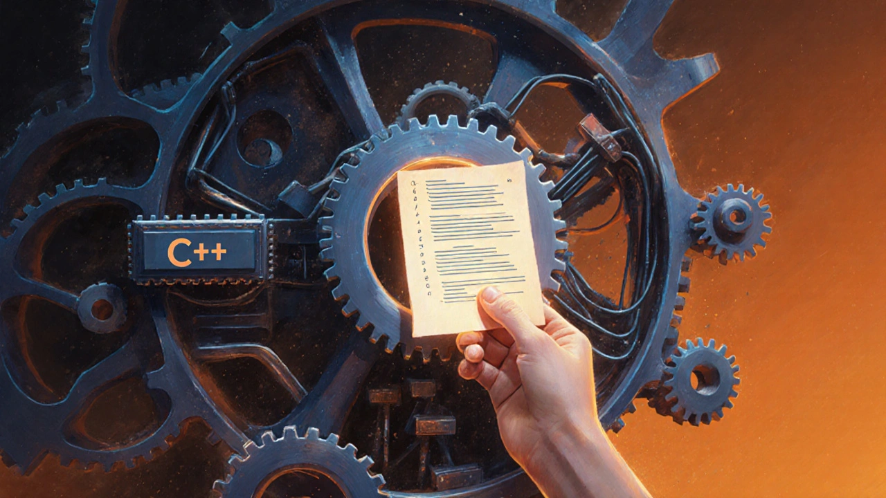 Eine Hand legt einen einfachen Python-Code in ein komplexes Zahnradwerk aus Speicherblöcken und Zeigern.