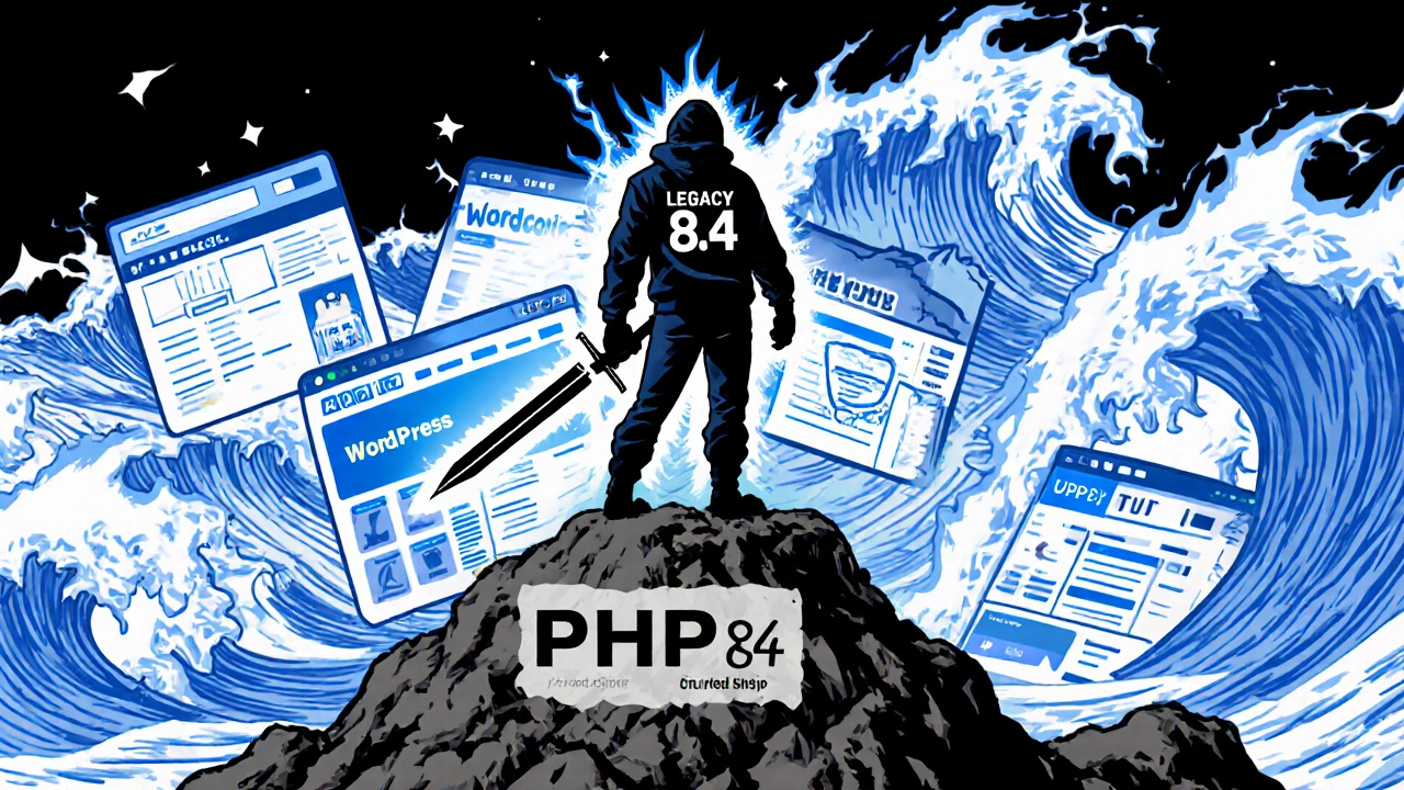 Entwickler mit PHP-Schwert kämpft gegen veralteten Code, während Websites voranschreiten