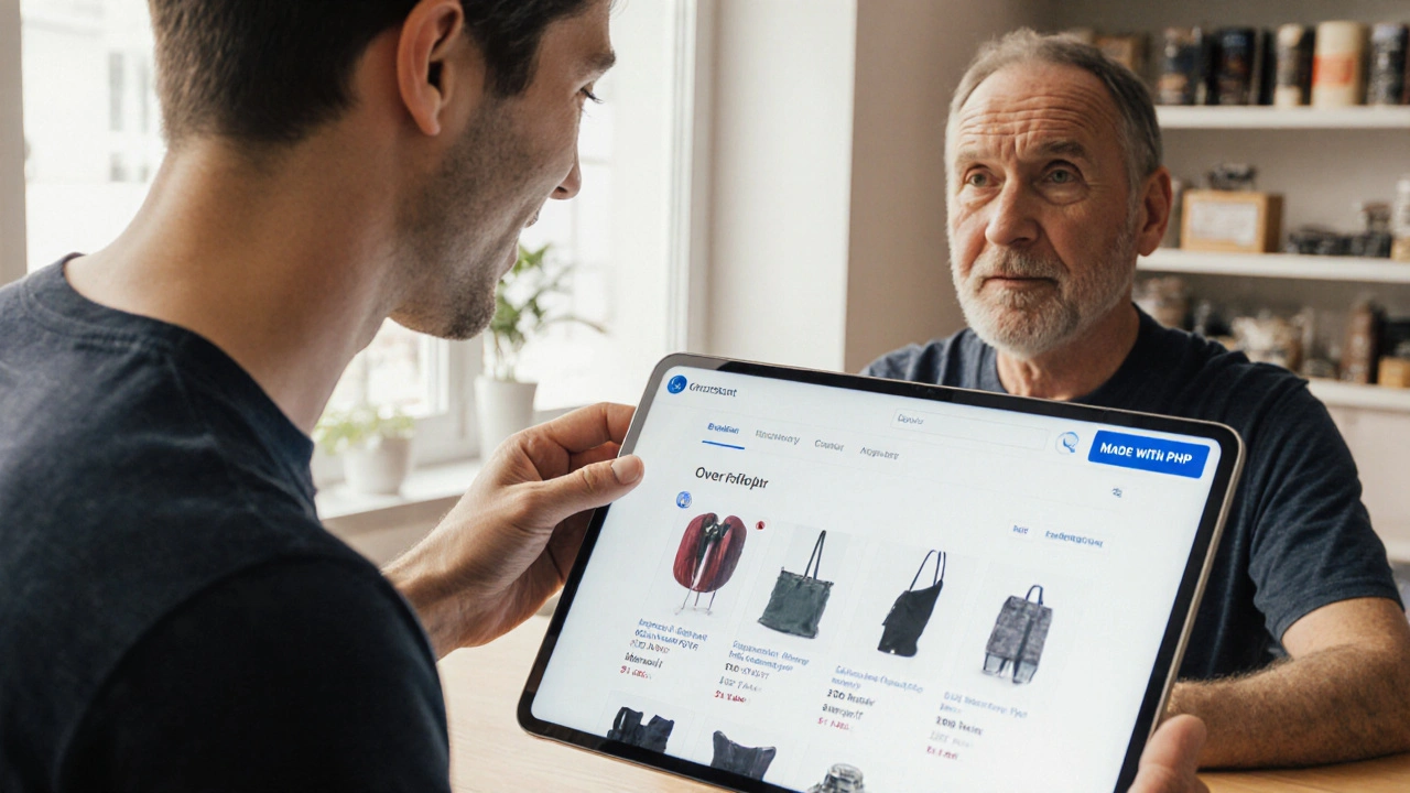 Entwickler zeigt eine einfache PHP-Website einem Ladenbesitzer auf einem Tablet.
