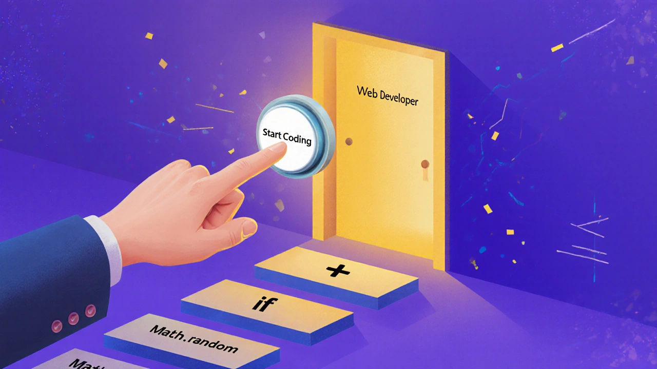 Hand, die auf einen &#039;Start Coding&#039;-Button klickt, mit Schritten aus grundlegenden JavaScript-Konzepten.