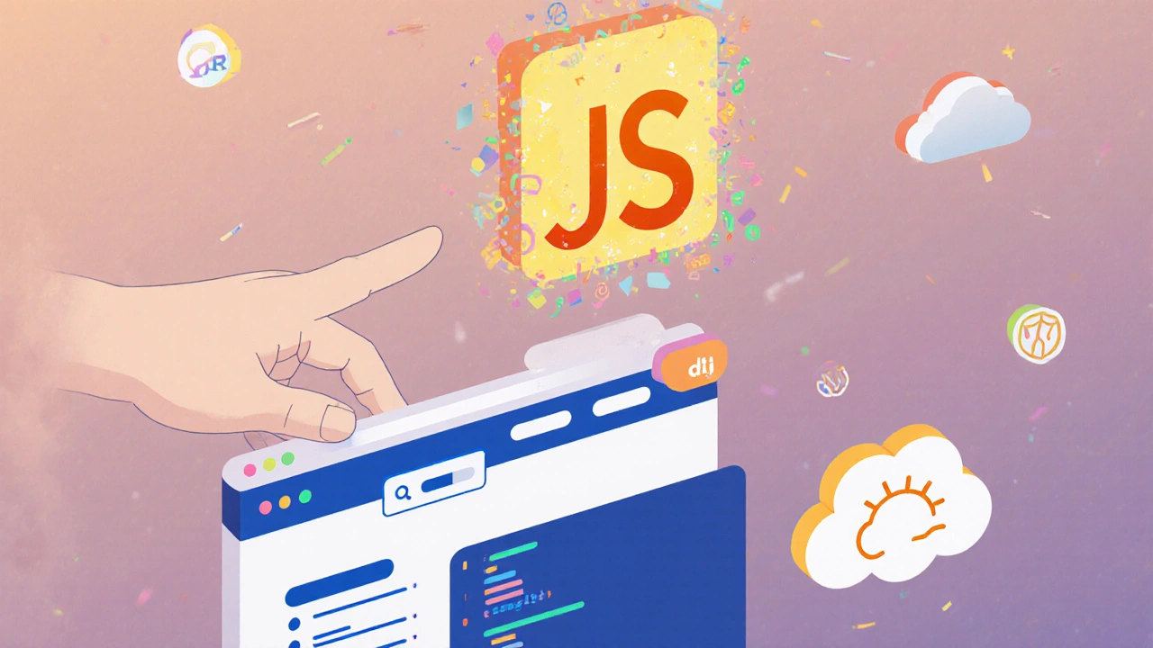 Hand greift nach einem aus Code bestehenden JavaScript-Logo, während eine einfache Webseite sich aufbaut.