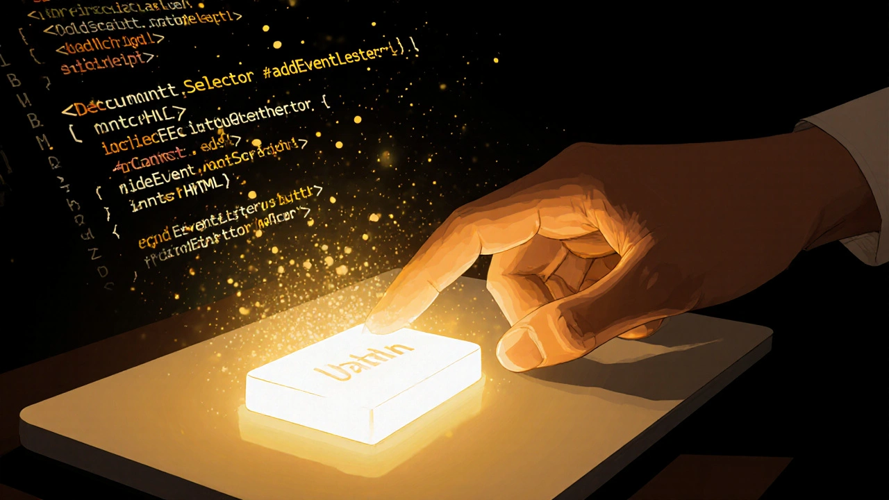 Hand klickt auf eine Schaltfläche, während JavaScript-Code wie Magie um sie herum schwebt.
