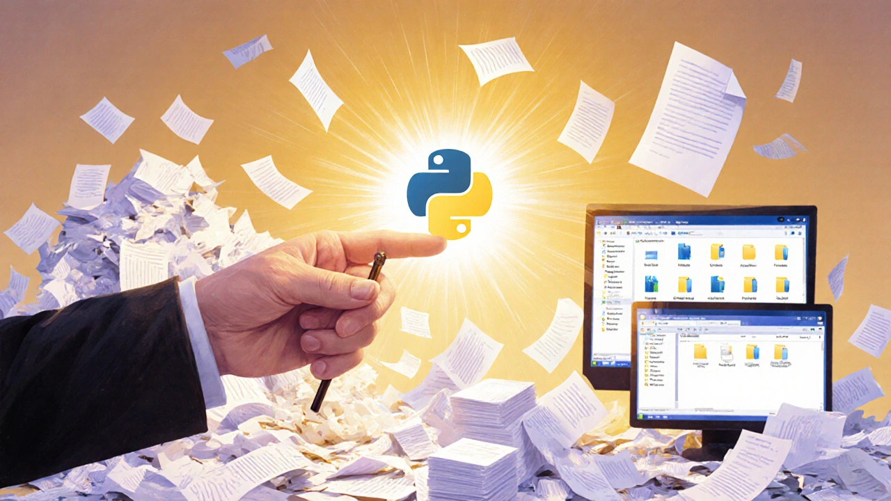 Hand mit Python-Symbol, das Papierdokumente in digitale Dateien verwandelt.